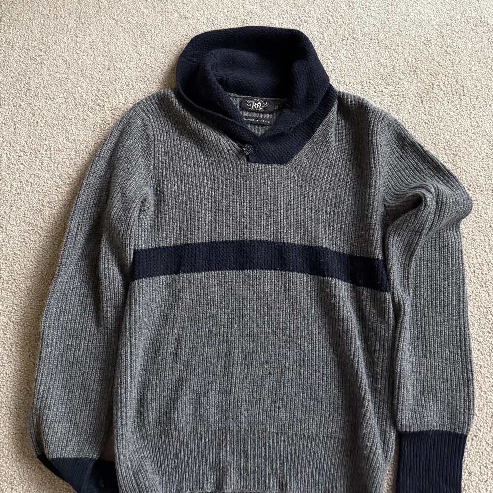 Ralph Lauren Double RL Men's Gray Navy Wool Shawl Collar Pullover Sweater Size S